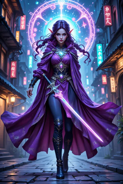 aidmanijiv6,zavy-ctcmcs,w1n,hyp3rd3tail style,midjourney ,a picture of a female elf (intense details, Masterpiece, best quality) fantasy swashbuckler, fantasy fencer, armed with a slim sword, shinning sword, metallic shine, colorful clothes, dynamic clothi...