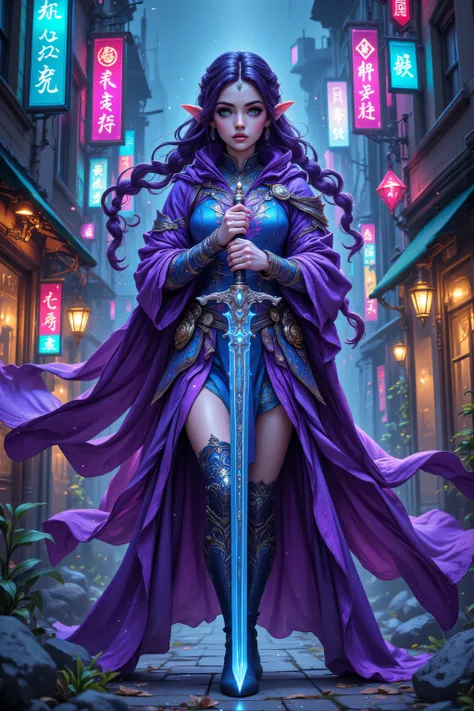 aidmanijiv6,zavy-ctcmcs,w1n,hyp3rd3tail style,midjourney ,a picture of a female elf (intense details, Masterpiece, best quality) fantasy swashbuckler, fantasy fencer, armed with a slim sword, shinning sword, metallic shine, colorful clothes, dynamic clothi...