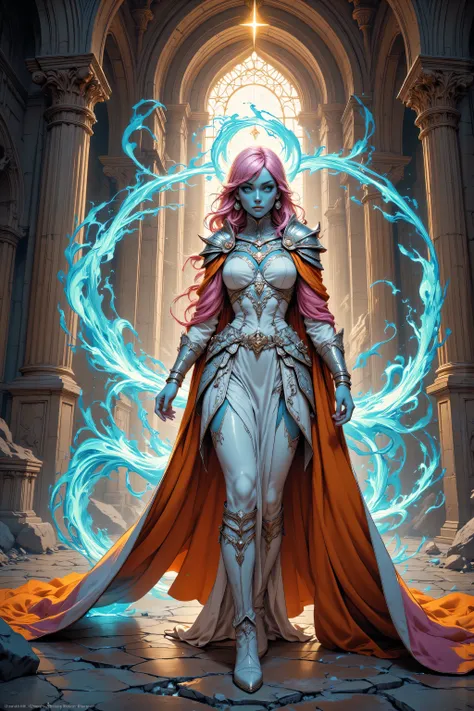 Niji Stan Katayama Style,midjourney ,hyp3rd3tail style,w1n,zavy-ctcmcs,fantasy portrait art, dnd art, portrait a female, ((blue skin)), intense details facial details, exquisite beauty, cleric, (blue skinned) female, (pink hair), long hair, ((no ears)), (...