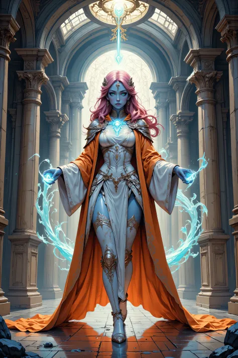 Niji Stan Katayama Style,midjourney ,hyp3rd3tail style,w1n,zavy-ctcmcs,fantasy portrait  art, dnd art, portrait a female, ((blue skin)), intense details facial details, exquisite beauty, cleric, (blue skinned) female, (pink hair), long hair, ((no ears)), (...