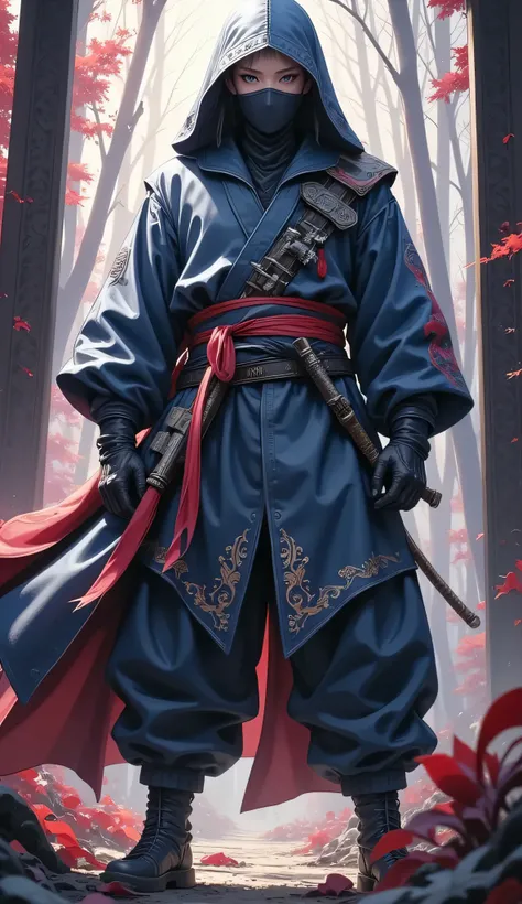 (((full body))),atmospheric ninja,full body忍者,Solemn expression ,Holding Weapons,Action in the dark,Mysterious Light,ethereal background, Detailed ,High Quality,4K,Realistic,super definition,HDR,Studio Lighting,Craftsmanship,Vivid colors,Bokeh,Full Body