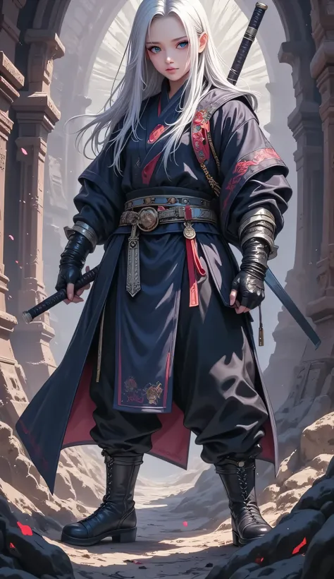 (((full body))),atmospheric ninja,full body忍者,Solemn expression ,Holding Weapons,Action in the dark,Mysterious Light,ethereal background, Detailed ,High Quality,4K,Realistic,super definition,HDR,Studio Lighting,Craftsmanship,Vivid colors,Bokeh,Full Body