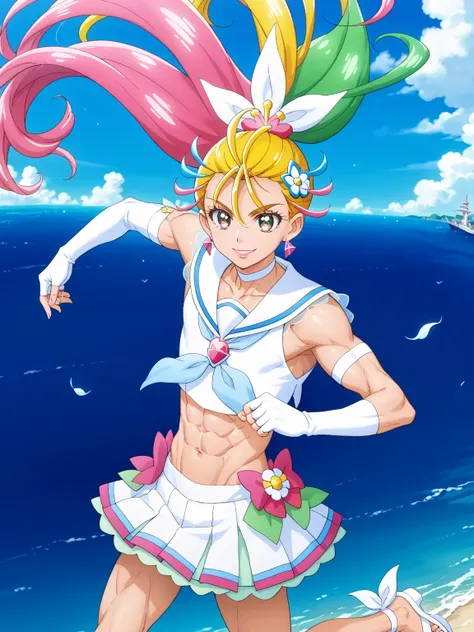 score 9 , score 8 up, score 7 up, source anime, masterpiece, Best quality, Best resolution, best image quality, anime coloring, anime screenshot, anime screencap, 1boy, cure summer is a boy, (male:1.5), long haired anime boy, 美しい天の魔道士, flower, jewelry, hai...