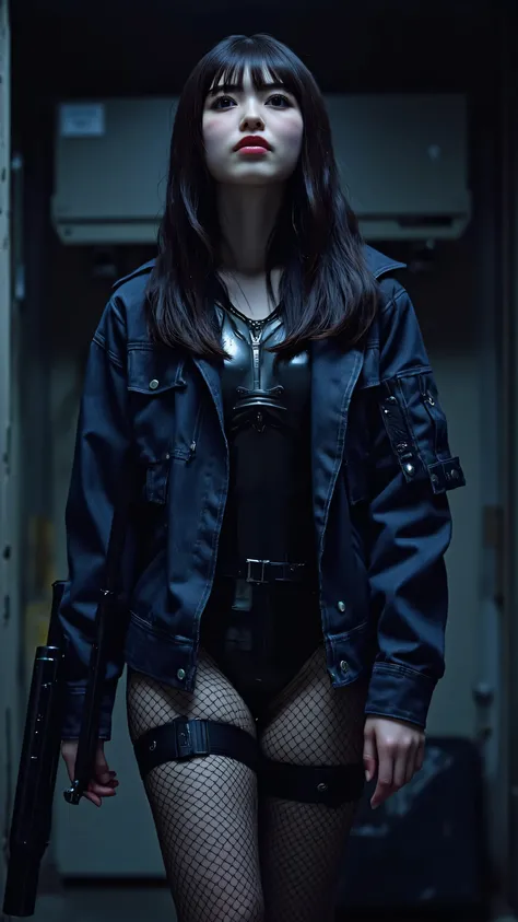 (((dark inside the spaceship Nostromo:2.0))),(((HR Giger-esque cyberpunk atmosphere:2.0))),(((Hold an AK-47 style laser rifle:2.0))),standing in the teacher's house,((Full Body:2.0)),one woman,(cute face:2.0),(Beautiful well-balanced face :2.0),((long hair...