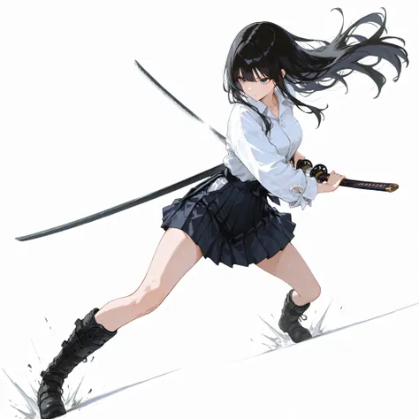 katana,Japanese woman wearing blouse shirt and miniskirt, Long Black Hair, , Disconnect, excessive pressure, pleated skirts reversed dynamically, Tactical Long Hard Boots,  has Japanese swords  , Pose, dynamic angle, Preparing for Battle, ダイナミックPose, rando...