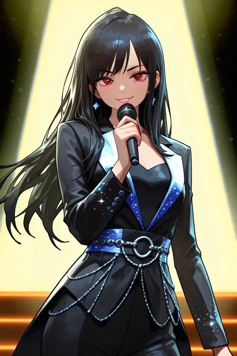 female, black hair, waist-length hair, Red Eyes, arrogant smile, gorgeous stage costume with a black suit, On stage, celebrity, idol, K-POP idol, Maine rapper, Hand microphone, high resolution on the coast, studio lighting, vivid color, blurry background,...