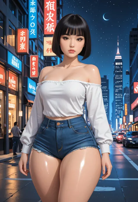 perfect body, ((female asian, face asian)), black hair, (short hair, hime cut hair), black thin eyebrows, brown eyes, black eyelashes, black eyeliners, nose, perfect lips, lips without makeup, collarbone, (medium breasts), (white off-shoulder long sleeve s...