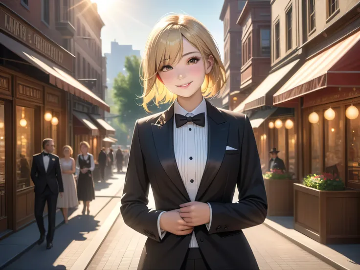 beautiful blonde girl,wear a tuxedo and stand in a dignified position,walk around the city with a smile on your face,Western style background,Wrapped in soft sunlight,4K,Realistic,HDR,Bokeh,Professional,Vivid Colors,delicate texture