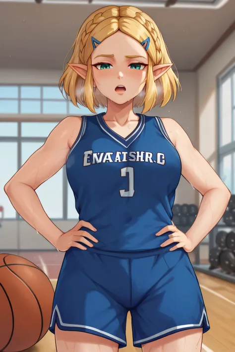 masterpiece, best quality, highres, aazelda, Princess_Zelda, hairclip, blonde hair, pointy ears, hair tied into a bun, blue tanktop, inside gym, standing, cowboy shot, gym background, open mouth, out of breath, sweaty, sweating, exhuasted, tired exporessi...