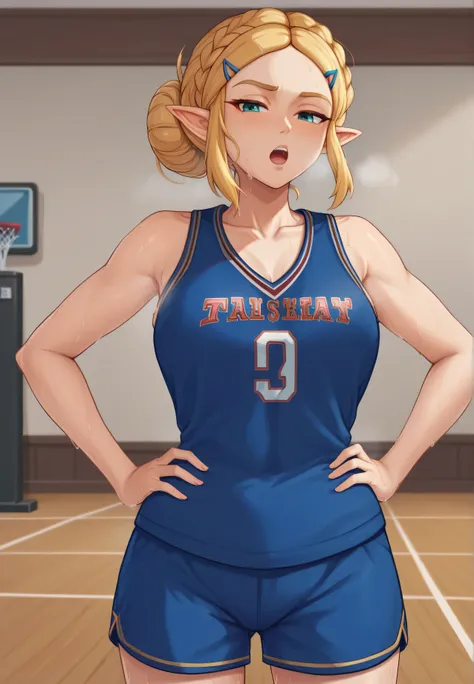 masterpiece, best quality, highres, aazelda, Princess_Zelda, hairclip, blonde hair, pointy ears, hair tied into a bun, blue tanktop, inside gym, standing, cowboy shot, gym background, open mouth, out of breath, sweaty, sweating, exhuasted, tired exporessi...