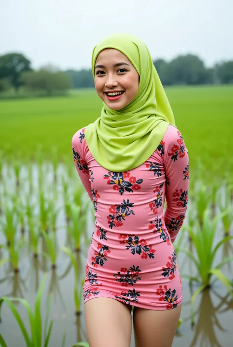 Just Front photo, (thin body) "Facial expression in Happy Orgasm", Wearing flora print hijab, Skinny hijab skinny hijab skinny hijab skinny hijab, (photorealistic:1.6) (Indonesian green Fluorescent hijab), (mini tiny tights Hotpants), background rice paddy...