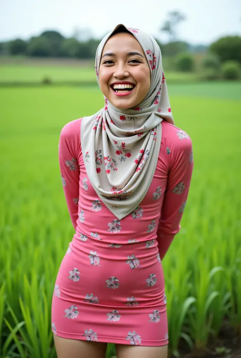Just Front photo, (thin body) "Facial expression in Happy Orgasm", Wearing flora print hijab, Skinny hijab skinny hijab skinny hijab skinny hijab, (photorealistic:1.6) (Indonesian green Fluorescent hijab), (mini tiny tights Hotpants), background rice paddy...