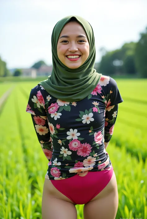 Just Front photo, (thin body) "Facial expression in Happy Orgasm", Wearing flora print hijab, Skinny hijab skinny hijab skinny hijab skinny hijab, (photorealistic:1.6) (Indonesian green Fluorescent hijab), (mini tiny tights Hotpants), background rice paddy...