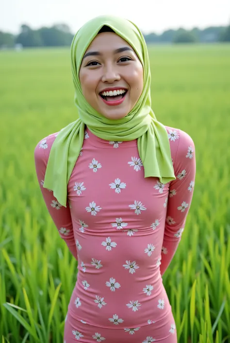 Just Front photo, (thin body) "Facial expression in Happy Orgasm", Wearing flora print hijab, Skinny hijab skinny hijab skinny hijab skinny hijab, (photorealistic:1.6) (Indonesian green Fluorescent hijab), (mini tiny tights Hotpants), background rice paddy...