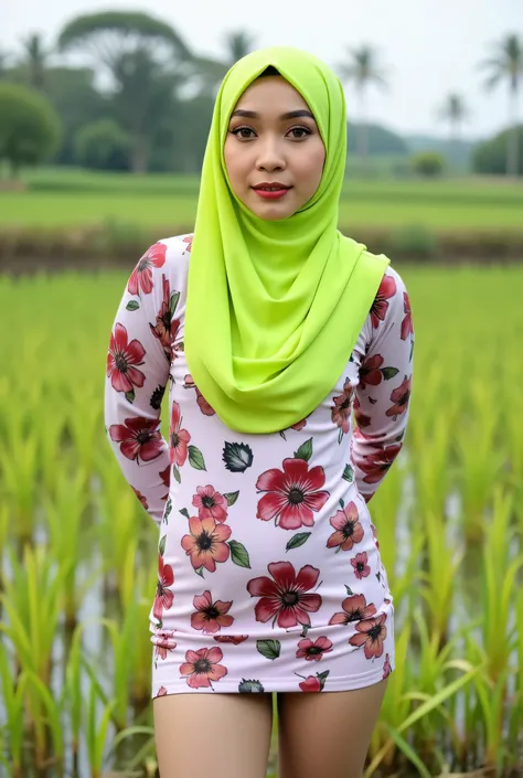 Just Front photo, (thin body) "Facial expression in moody", Wearing flora print hijab, Skinny hijab skinny hijab skinny hijab skinny hijab, (photorealistic:1.6) (Indonesian green Fluorescent hijab), (mini tiny tights Hotpants), background rice paddy. dayti...