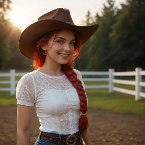Ultra-realistic photograph of a cosplayer as Jessie. She wears a white cotton shirt with visible fabric weave, featuring a contrasting yellow yoke and cuffs (perhaps light faux suede), adorned with realistic red swirl embroidery on shoulders and cuffs with...