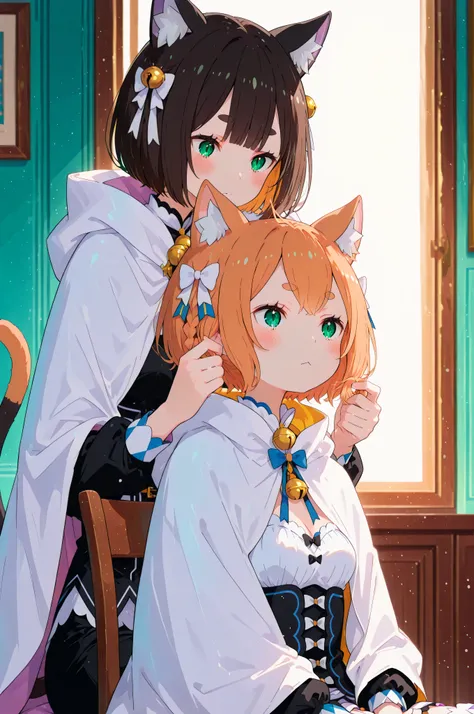 (2girls:1.4),with cat girl,
(White cape。Warm Sunshine,The girl is cutting the girl's hair,The girl getting a haircut:1.4),
create an image, anime style, with nothing +18, where it is a woman in her twenties,
shoulder-length black hair, who is sitting in a...