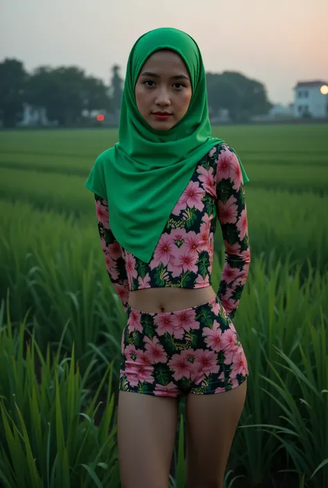 Gothic Crazy night, Just Front photo, (thin body) "really sad & gloomy face expression", Wearing flora print hijab, Skinny hijab skinny hijab skinny hijab skinny hijab, (photorealistic:1.6) (Indonesian green Fluorescent hijab), (mini tiny tights Hotpants),...