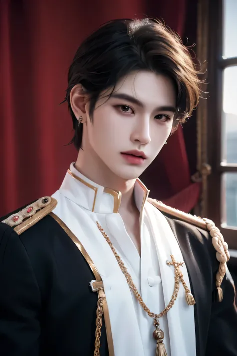 ((highest quality, 8K, masterpiece: 1.3)), live music concert stage background with spotlights, Handsome boy in k pop model outfit, ((25-year-old man)), well-groomed face, black hair color, thin face, (white skin:1.5), black eyes, Super handsome, sexy eyes...