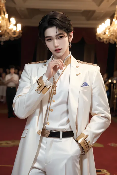 ((highest quality, 8K, masterpiece: 1.3)), live music concert stage background with spotlights, Handsome boy in k pop model outfit, ((25-year-old man)), well-groomed face, black hair color, thin face, (white skin:1.5), black eyes, Super handsome, sexy eyes...