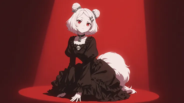 hand,ladyshadow,full body, one girl, kneeling on one knee, dramatic rim light, white twin-tail hair, 地雷系, 病みかわいい, red eyes, downcast gaze, pale skin, gothic outfit, black oversized sleeves, lock choker, hair clips, skull accessories, clean simple backgroun...