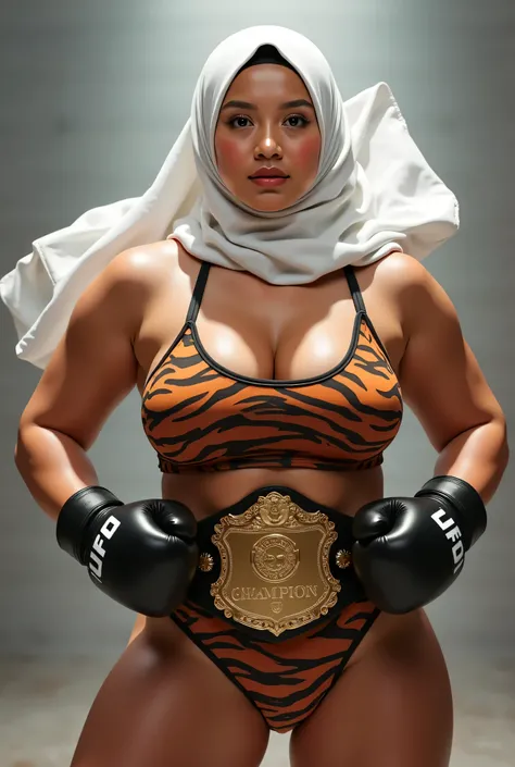 BLOWN IN THE WIND WEARS WHITE HIJAB),  SSBBW HIJAB , (TIGER STRIPED SINGLET SWIMSUIT)  big ass ,  WEARING BOXING GLOVES OVER FIGHTER HUGE BOOBS BURSTING BREASTS, NOT WEARING ANY CLOTHES , UFC CHAMPION BELT FIGHT, spread the hand