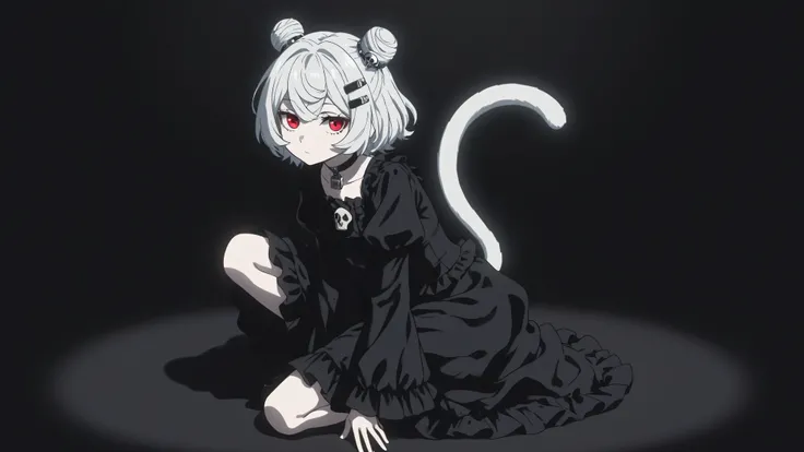 hand, ladyshadow, full body, one girl, kneeling on one knee, dramatic gray-white rim light, black background, white twin-tail hair, 地雷系, 病みかわいい, red eyes, downcast gaze, pale skin, gothic outfit, black oversized sleeves, lock choker, hair clips, skull acce...