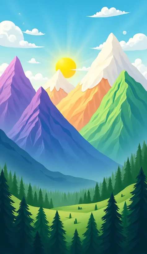 Oil on canvas, Panoramic view of colorful mountains, vibrant landscape.  Mountain ranges, various shades of vibrant colors, including purple, white, green, and orange, arranged in a horizontal row.  bSun is positioned centrally in a bright yellow, radiatin...