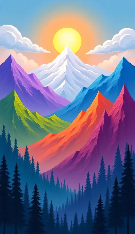 Colorful mountain range landscape, vibrant peaks of various shades of  purple, blue, green, orange, and red.  A snow-capped mountain, prominent and central,  is illuminated by a bright, radiating sun,  with radiating sunbeams.  Clouds are scattered in a li...