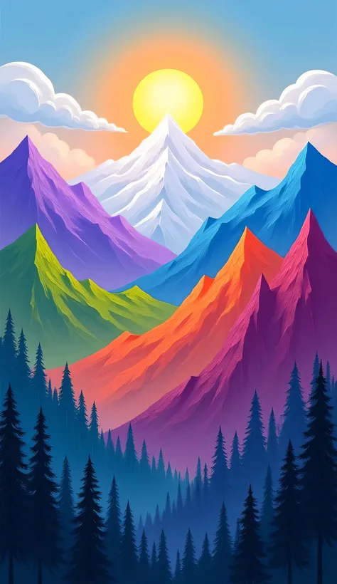 Colorful mountain range landscape, vibrant peaks of various shades of  purple, blue, green, orange, and red.  A snow-capped mountain, prominent and central,  is illuminated by a bright, radiating sun,  with radiating sunbeams.  Clouds are scattered in a li...
