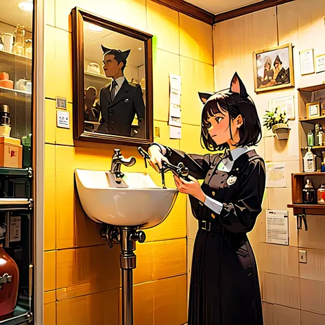 A masterpiece-quality, highly detailed illustration of a stylish cat-themed barbershop.
A professional cat-eared hairstylist with black cat ears and short hair holds a pair of scissors with confidence.
She wears a chic uniform with leather accents. The cus...