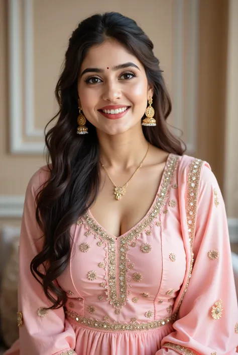 anaswarasdxl, Full image of a 18 years old girl with smiling look, vibrant makeup, Indian skin tone, bright grey eyes, detailed eyes, fox-eyelashes, thin eyebrows and red lipstick. Her hairs are long, brown, wavy and stylish. She is wearing a Pink Traditio...