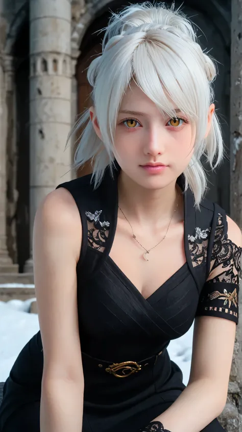 1girl, solo,Cagalli,golden eyes,white hair,long hair,outdoors,potrait,medium breast,nature,sitting uder ruins,(winter:1.5),close up, front view,close up,black glove,black dress,ruby necklace,black skirt, ponytail