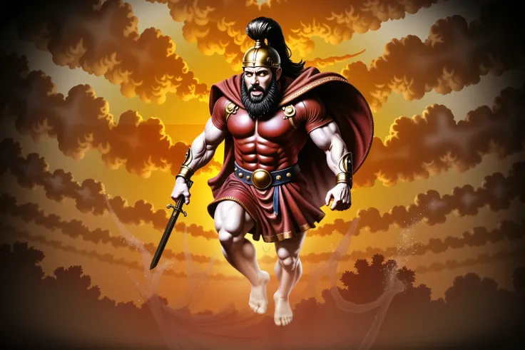 Ares, the Greek god of war, descends from the heavens engulfed in swirling flames and divine fury. His body is muscular and glows with the polished sheen of gold, each muscle sculpted with anatomical precision. He wears a bronze Corinthian helmet with a da...