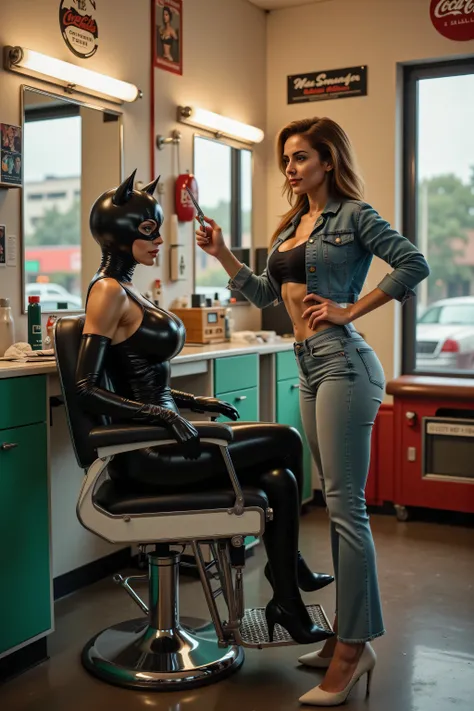 A glamorous scene in the vintage hair salon of the 50s, A mysterious Catwoman in a skin-tight black leather suit sits relaxed in a classic barber's chair and can be seen from the side, their characteristic cat mask still on their heads, accentuates her cur...