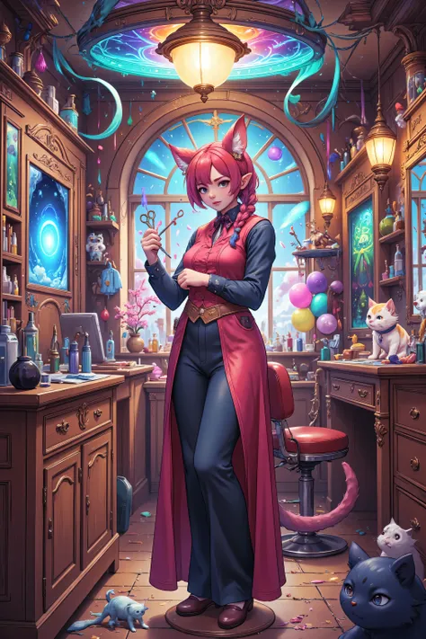 aidmanijiv6,zavy-ctcmcs,w1n,hyp3rd3tail style,midjourney , SFW a picture of a female anthromorph hair dresser in a barber shop holding scissors, (intense details, Masterpiece, best quality) , colorful clothes, dynamic clothing, an ultra wide shot, full bo...