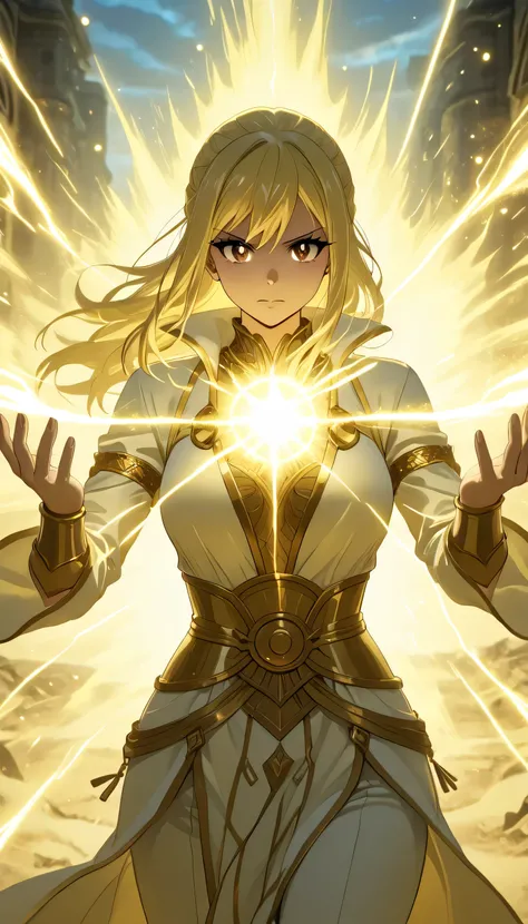 masterpiece, high score, great score, absurdres, close-up, beautiful woman, lucy heartfilia, long hair, blonde hair, brown eyes, mature female, ((celestial king zodiac form, celestial king zodiac clothes, Holmagmb, glowing, Yellow theme, Glowing eyes, yell...