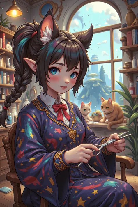 aidmanijiv6,zavy-ctcmcs,w1n,hyp3rd3tail style,midjourney , SFW a picture of a female anthromorph hair dresser in a barber shop holding scissors, (intense details, Masterpiece, best quality) , colorful clothes, dynamic clothing, an ultra wide shot, full bo...