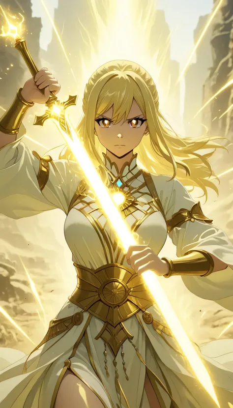 masterpiece, high score, great score, absurdres, close-up, beautiful woman, lucy heartfilia, long hair, blonde hair, brown eyes, mature female, ((celestial king zodiac form:combination white and green color, celestial king zodiac green and white clothes, H...