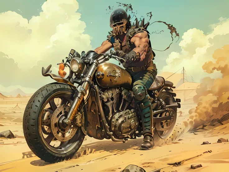 A menacing, post-apocalyptic warrior, similar to the character Jagi(:1.5) from Fist of the North Star, wearing his iconic iron helmet and armor, straddling a heavily customized, rusted, and weaponized chopper motorcycle with tall, ape hanger handlebars and...