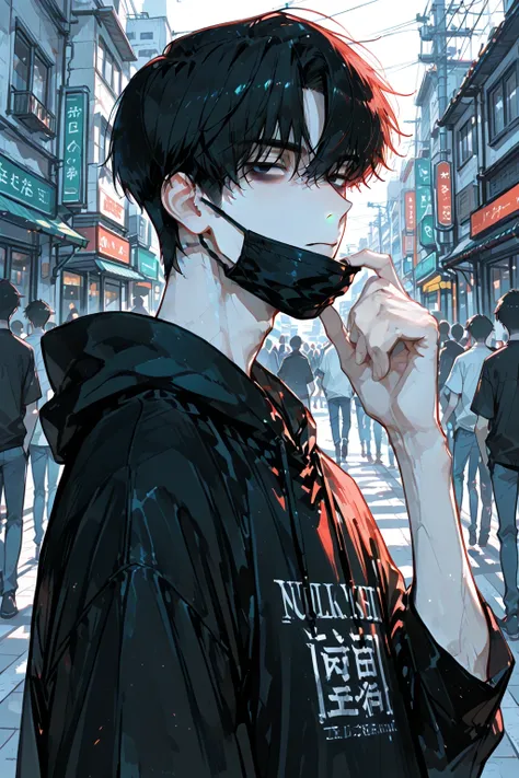 handsome anime-style young man, age 20, Japanese university student, slightly tired and downcast expression, silky straight black short hair, neatly cut just behind the ears, all bangs down covering the eyes, black sanpaku eyes, slight dark circles under e...