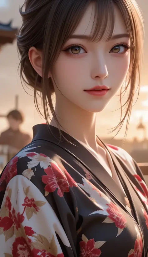 looking at the camera,(((top quality, 8k, masterpiece))),  Sharp focus from the back of the knee up, (Beautiful Women with Perfect Styles), Slim, (hairstyle: up)), ((Kimono)), street, 非常に詳細な顔と肌のテクスチャ 詳細な目 double eyelid ランダムなポーズ, (smile),s上級er cute Japan pe...