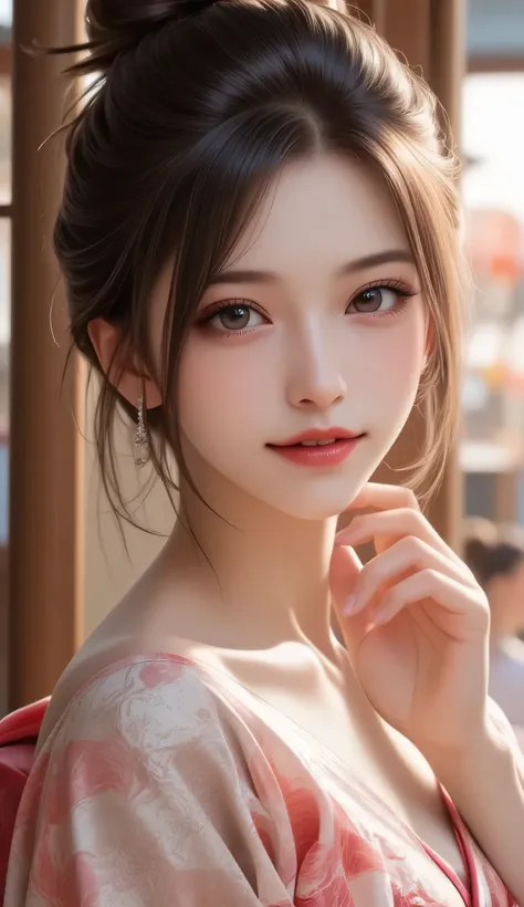 looking at the camera,(((top quality, 8k, masterpiece))),  Sharp focus from the back of the knee up, (Beautiful Women with Perfect Styles), Slim, (hairstyle: up)), ((Kimono)), street, 非常に詳細な顔と肌のテクスチャ 詳細な目 double eyelid ランダムなポーズ, (smile),s上級er cute Japan pe...