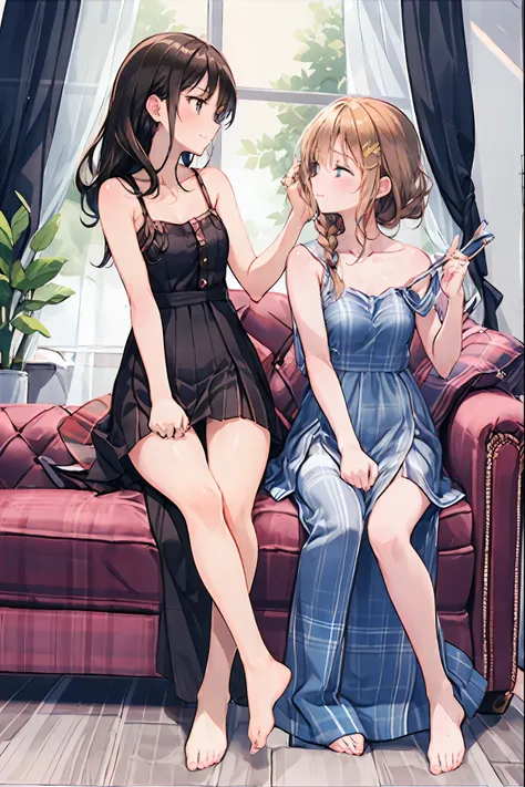 Yuri , multiple girls, 2 Girls, Yuri, dress, put your hands on the couch, Long Hair, {{kissu, plant, close your eyes , window , indoor, sitting, Blurry foreground, on put your hands on the couch, white dress, Blurry, eXposes your shoulders ...