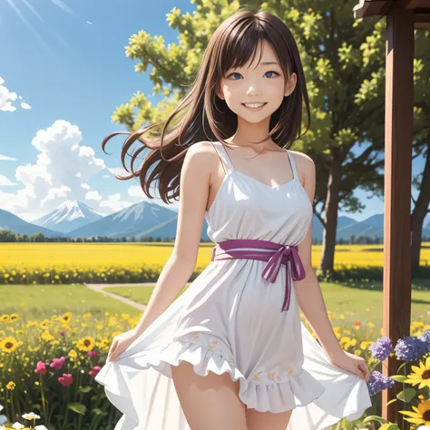 A wide, open meadow covered in a vibrant field of colorful wildflowers. In the distance, majestic, beautiful mountains rise under a clear blue sky. Standing alone in the middle of the flower field is a young Japanese girl with a sweet, delicate face and a ...