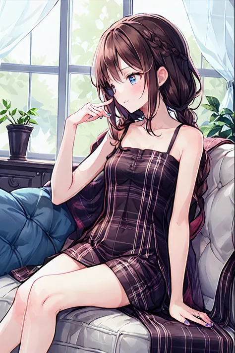 Yuri , multiple girls, 2 Girls, Yuri, dress, put your hands on the couch, Long Hair, {{kissu, plant, close your eyes , window , indoor, sitting, Blurry foreground, on put your hands on the couch, white dress, Blurry, eXposes your shoulders ...