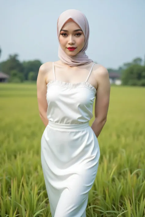 Just Front photo, wear a pastel translucent (white) leggings closed my center, Tetek besar melayut, hijab hijab hijab  hijab, (photorealistic:1.6), background rice paddy. daytime atmosphere, don't put any rope! flat chest!, duduk di atas kerusi kaca, hands...