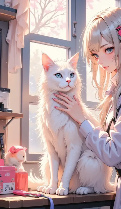 High quality full body,Realistic Cat,a cat's hairdresser,is cutting hair,Beautiful rays of light,delicate texture,precise texture,high resolution,Realistic,like the picture,4K,HDR,Studio Lighting,Extreme Details,Professional,Vivid colors,Bokeh