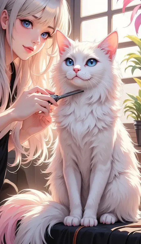 High quality full body,Realistic Cat,a cat's hairdresser,is cutting hair,Beautiful rays of light,delicate texture,precise texture,high resolution,Realistic,like the picture,4K,HDR,Studio Lighting,Extreme Details,Professional,Vivid colors,Bokeh
