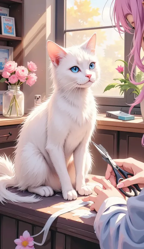 High quality full body,Realistic Cat,a cat's hairdresser,is cutting hair,Beautiful rays of light,delicate texture,precise texture,high resolution,Realistic,like the picture,4K,HDR,Studio Lighting,Extreme Details,Professional,Vivid colors,Bokeh